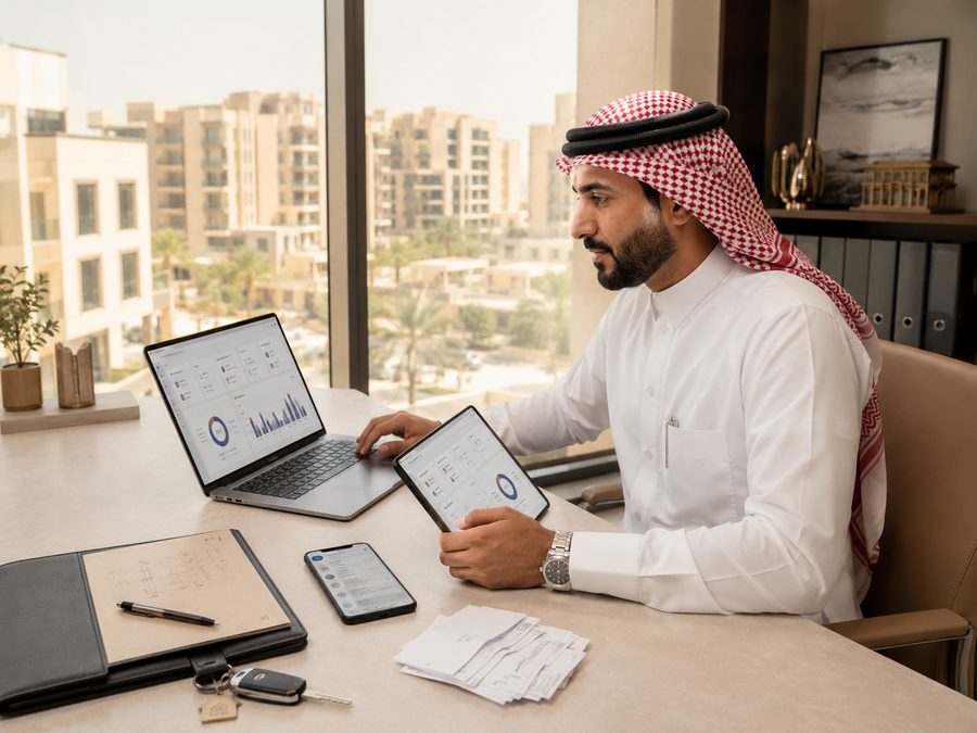 A Saudi property owner reviewing his portfolio dashboard on a laptop and tablet
