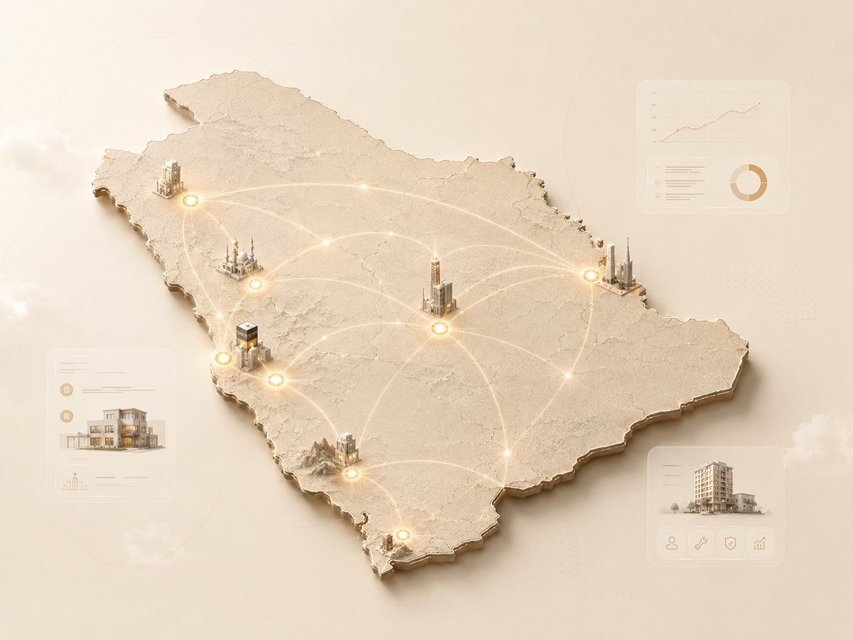A portfolio of buildings connected across a map of Saudi Arabia, with live dashboards